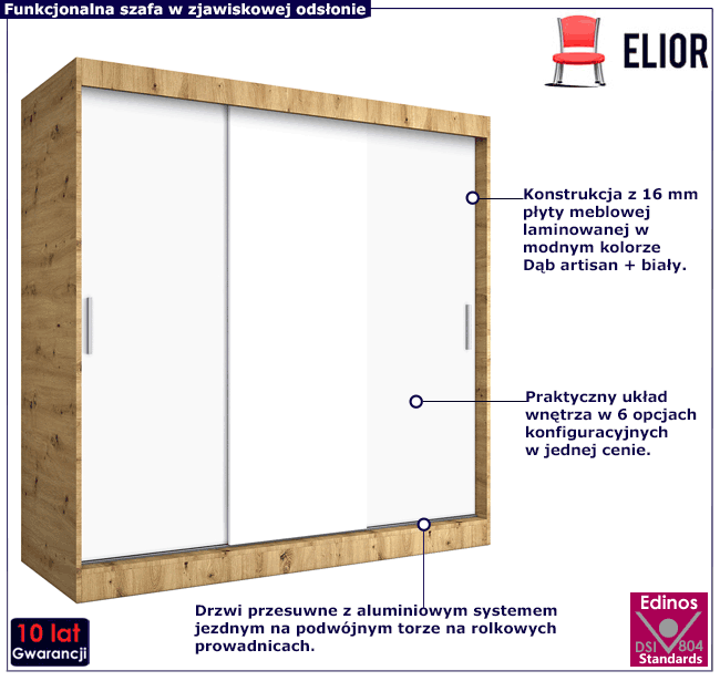 Szafa przesuwna 200 cm dąb artisan + biały Corina 6X