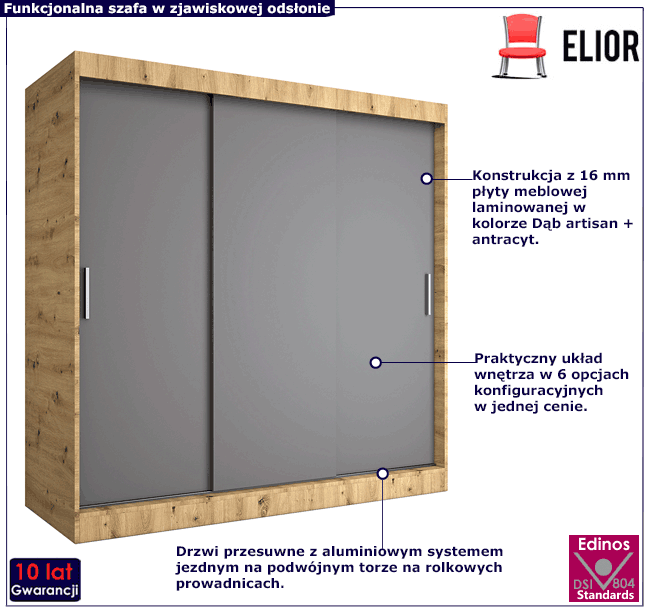 Szafa przesuwna 200 cm dąb artisan + antracyt Erco 6X