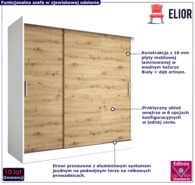 Szafa przesuwna 200 cm dąb artisan + biały Erco 6X