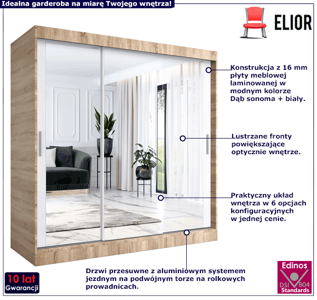 Szafa przesuwna z lustrem dąb sonoma + biały 200 Kukkin 6X