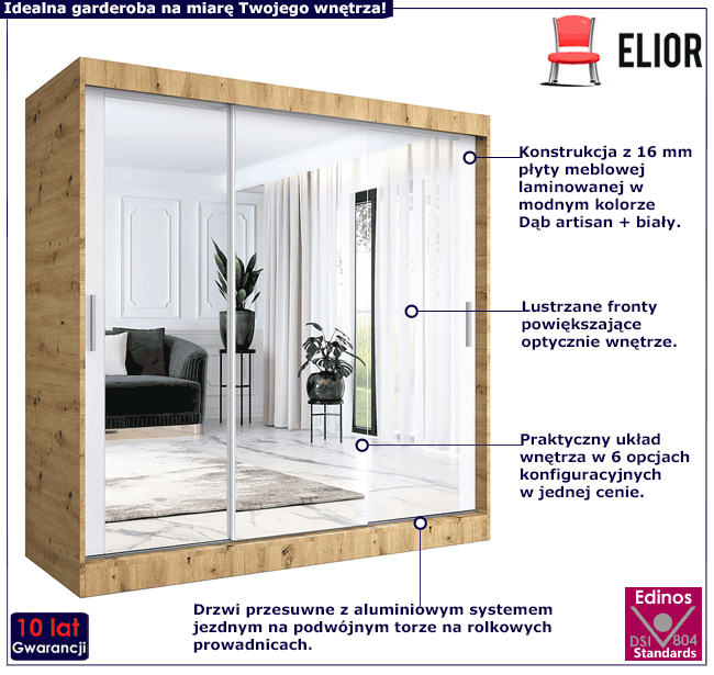 Szafa przesuwna z lustrem dąb artisan + biały 200 Kukkin 6X