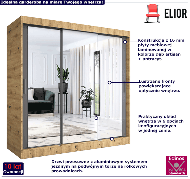 Szafa przesuwna z lustrem dąb artisan + antracyt 200 Kukkin 6X