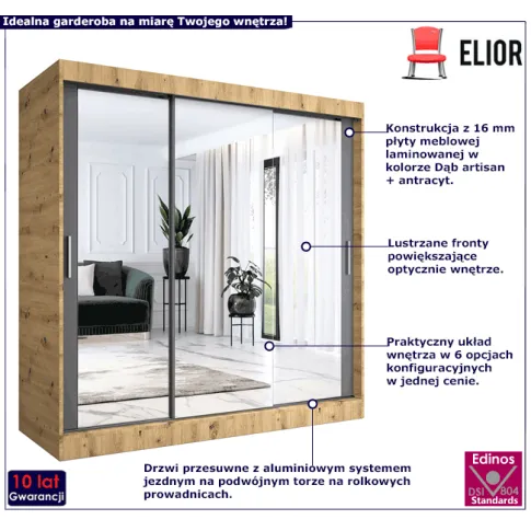 Przesuwna szafa dąb artisan antracyt Edna 6X