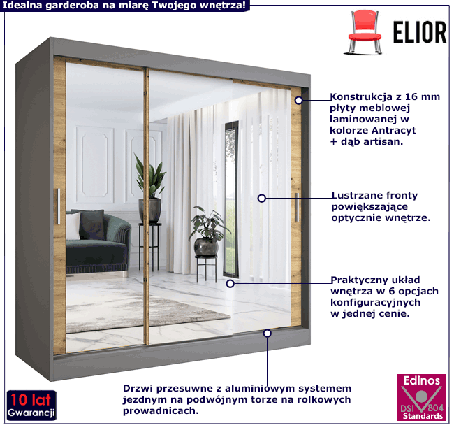 Szafa przesuwna z lustrem  antracyt + dąb artisan 200 Kukkin 6X