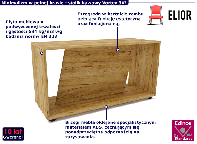 Minimalistyczny stolik kawowy Vortex 3X dąb craft