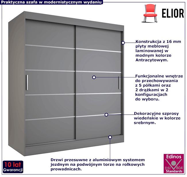 Szafa przesuwna antracyt 180cm Bohosa 5X