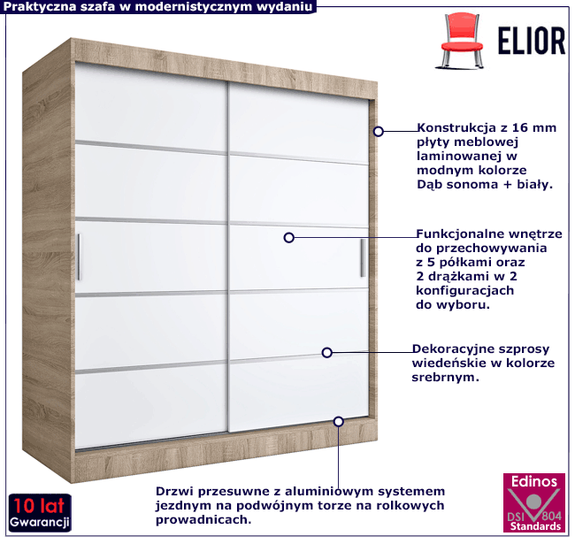 Szafa przesuwna dąb sonoma biały 180cm Bohosa 5X