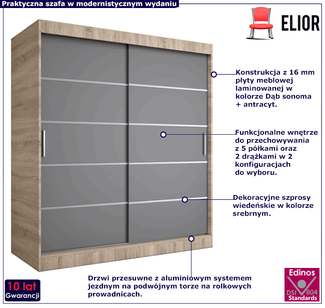 Szafa przesuwna dąb sonoma + antracyt 180cm Bohosa 5X