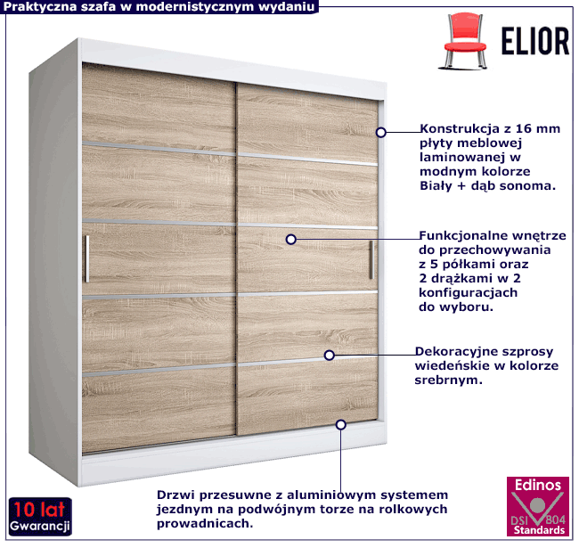 Szafa przesuwna biel + dąb sonoma 180cm Bohosa 5X