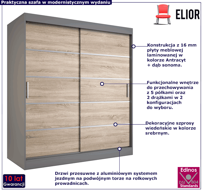 Szafa przesuwna antracyt + dąb sonoma 180cm Bohosa 5X