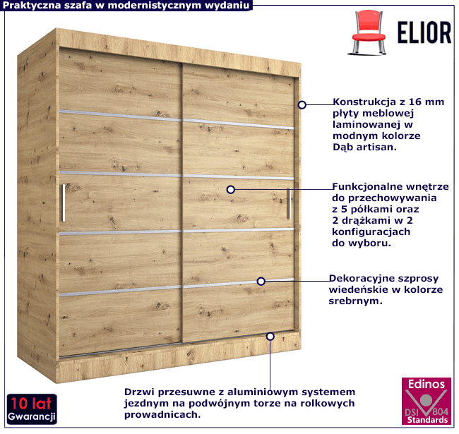 Szafa przesuwna dąb antracyt 180cm Patja 5X