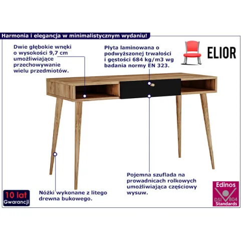 Minimalistyczne biurko Elara 3X dąb craft czarny