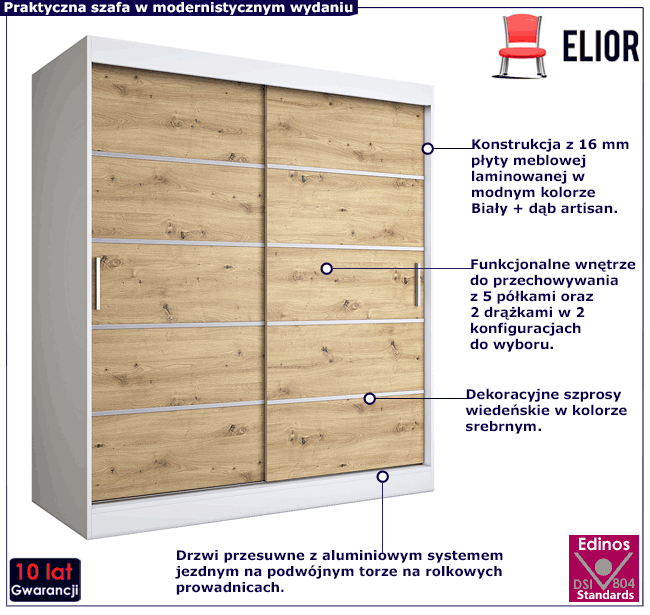 Szafa przesuwna biały + dąb artisan 180cm Bohosa 5X