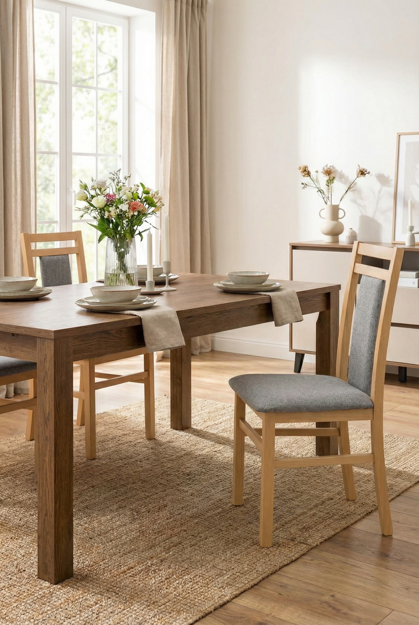 Aranżacja jadalni z wykorzystaniem krzeseł Restil miodowy dąb