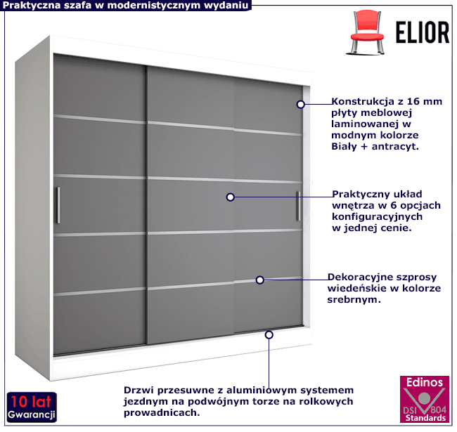 Szafa przesuwna biały + antracyt 200 cm Patja 6X