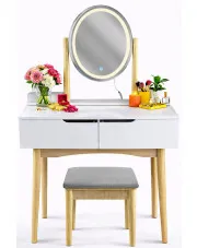 Toaletka do pokoju z podświetlanym lustrem i szarym taboretem - Vakos w sklepie Edinos.pl