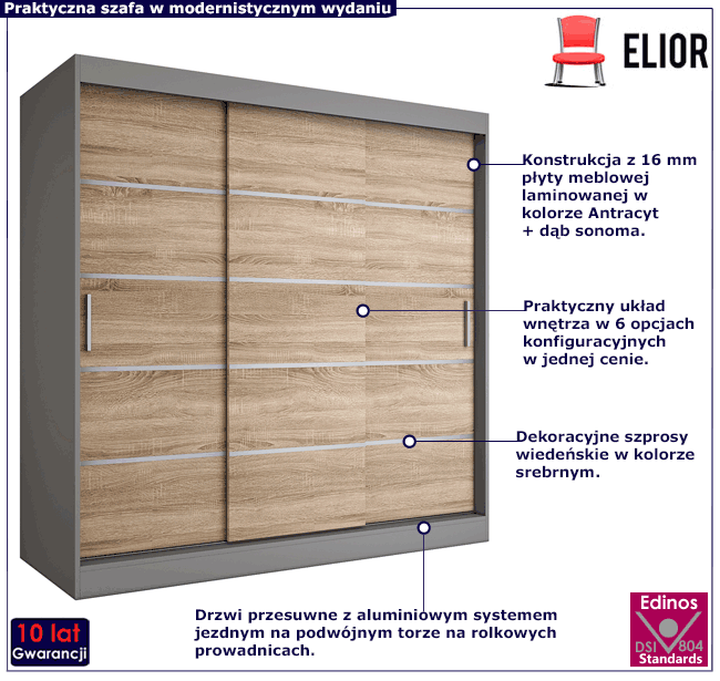 Szafa przesuwna antracyt + dąb sonoma 200 cm Bohosa 6X
