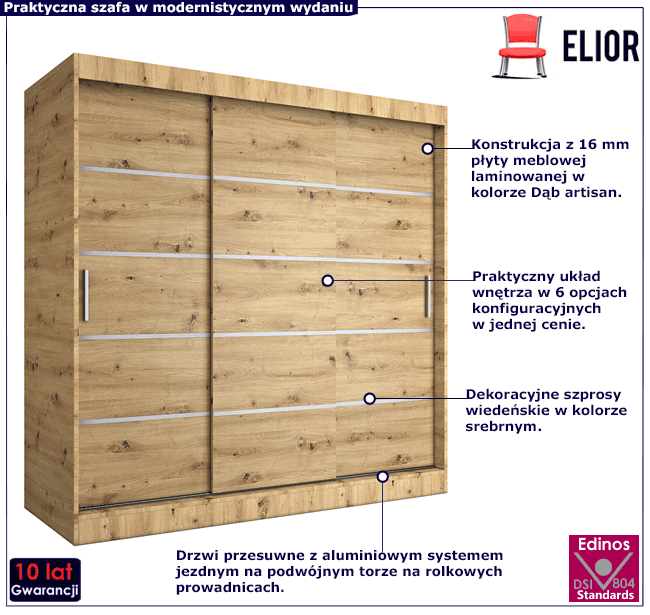 Szafa przesuwna dąb artisan 200 cm Patja 6X