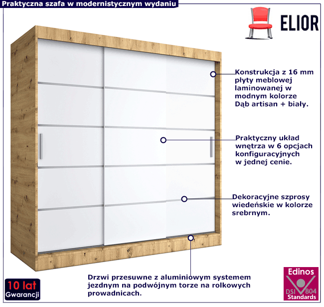 Szafa przesuwna dąb artisan + biały 200 cm Bohosa 6X