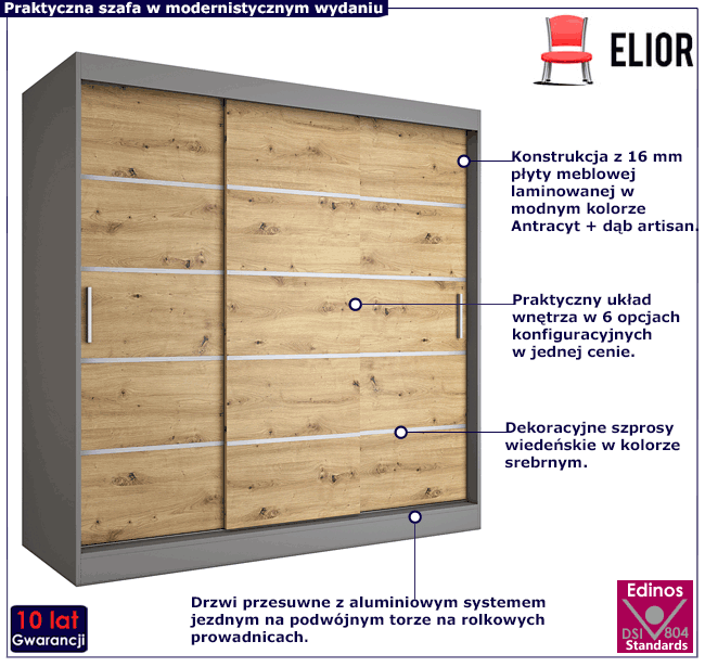 Szafa przesuwna antracyt + dąb artisan 200 cm Bohosa 6X