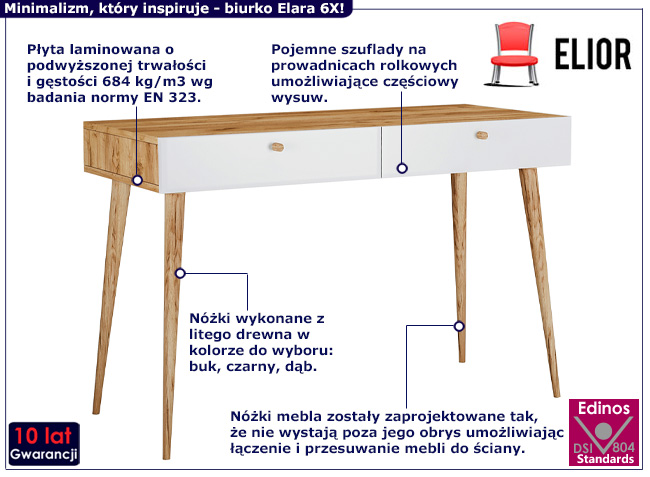 Minimalistyczne biurko Elara 6X dąb craft+biały
