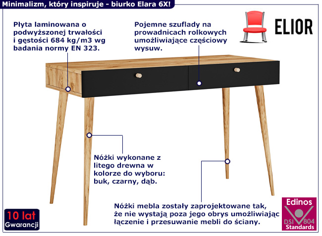 Minimalistyczne biurko Elara 6X dąb craft+czarny