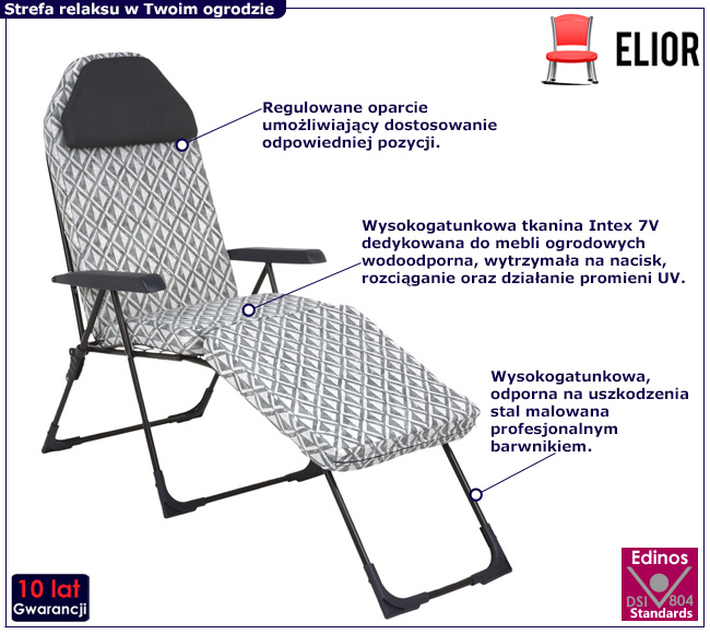 Szary leżak do ogrodu z poduszką Almon