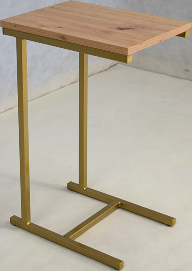 Minimalistyczny stolik boczny Liros 3X złoty+dąb artisan