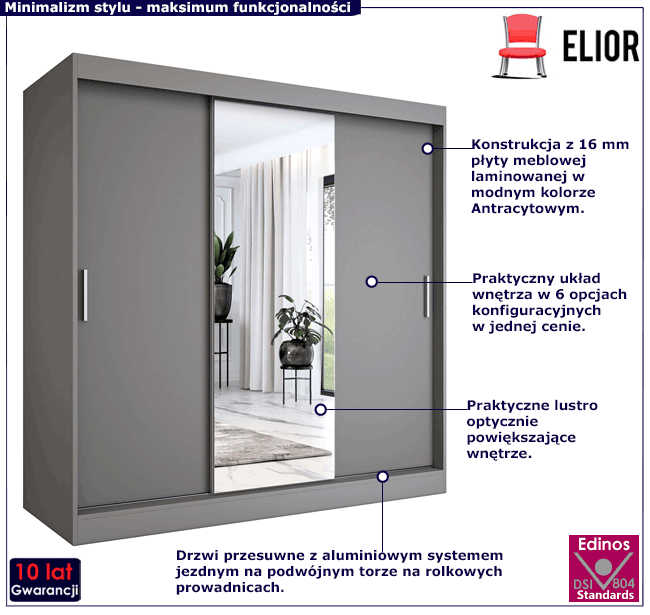 Szafa przesuwna z lustrem antracyt Massi 6X