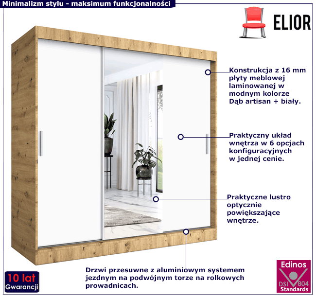 Szafa przesuwna z lustrem dąb artisan + biały Massi 6X