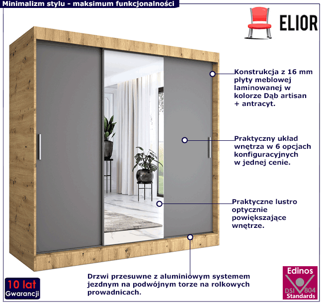 Szafa przesuwna z lustrem dąb artisan + antracyt Massi 6X