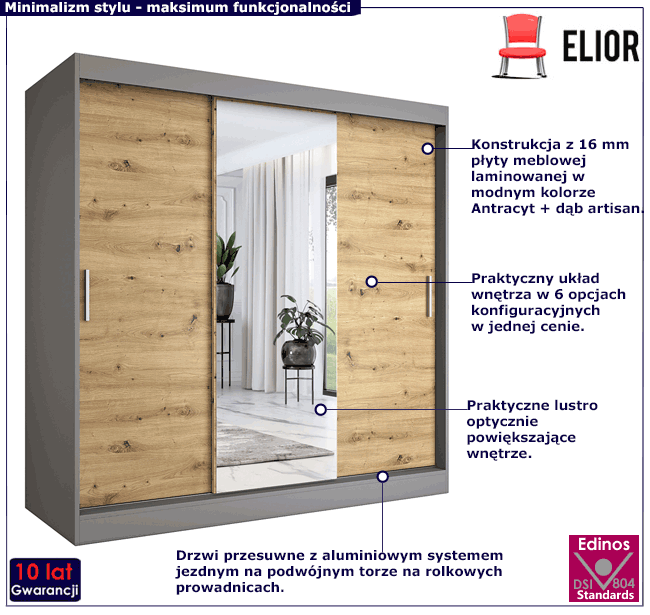 Szafa przesuwna z lustrem antracyt + dąb artisan Massi 6X