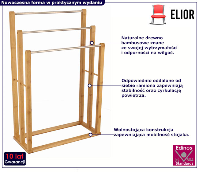 Bambusowy stojący wieszak na ręczniki z 3 ramionami Piko 5X