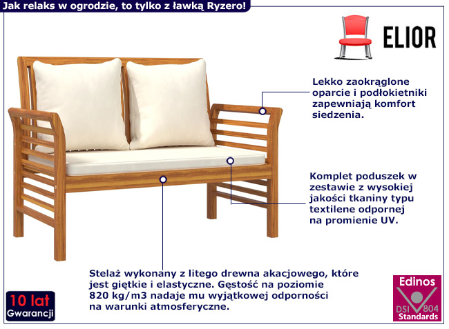 Drewniana ławka ogrodowa Ryzero kremowe poduszki