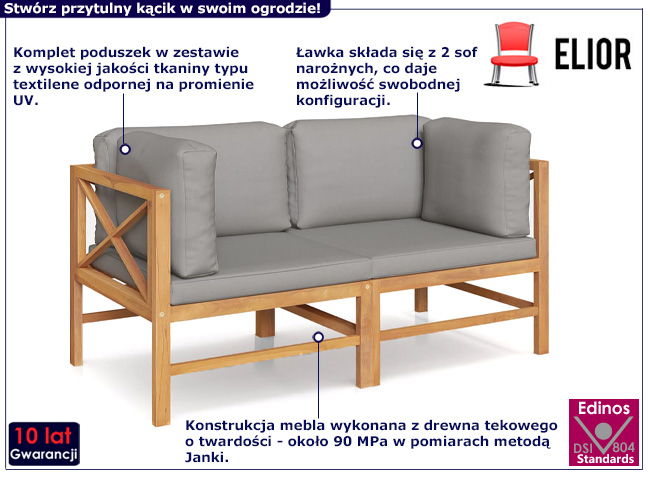 Drewniana ławka ogrodowa Elyso szare poduszki