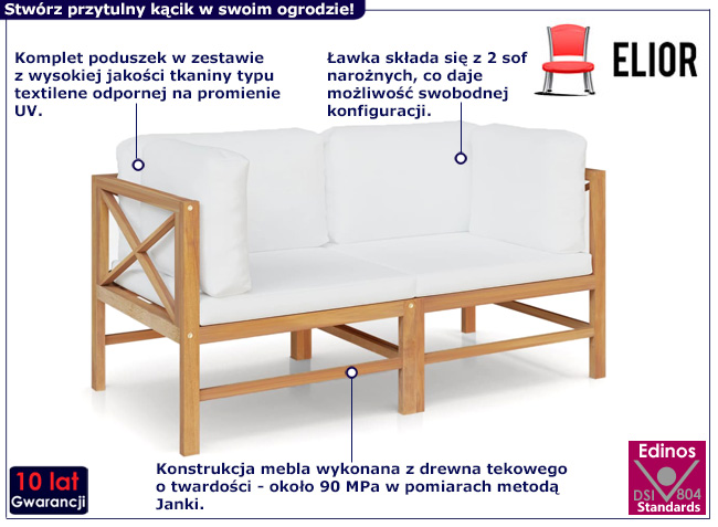 Drewniana ławka ogrodowa Elyso kremowe poduszki