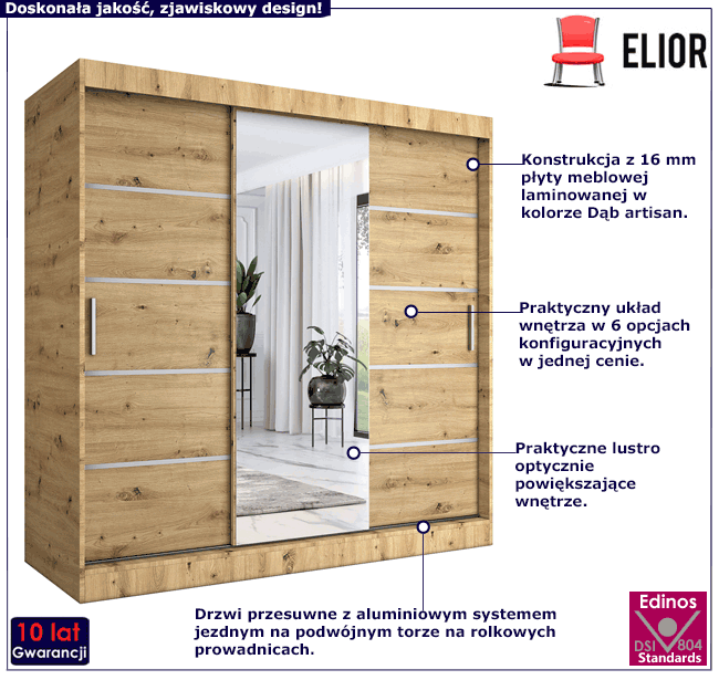 szafa przesuwna z lustrem dąb artisan Marmos 6X