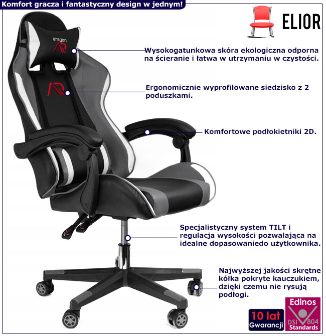 Infografika fotela obrotowego dla gracza szaro czarnego Crialo