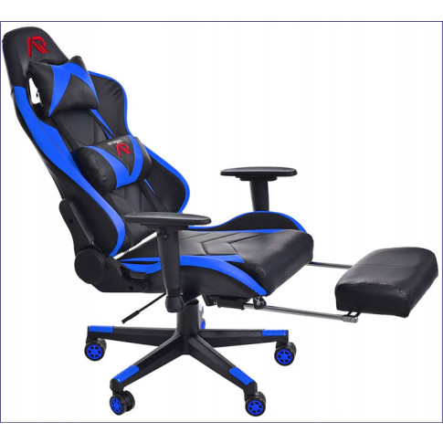 czarno niebieski fotel dla gracza z podnóżkiem Husar