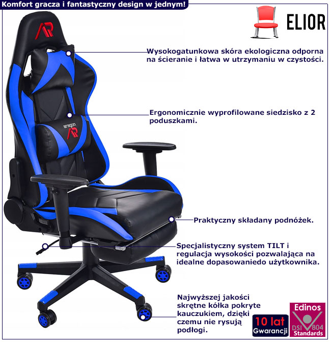 Infografika fotela gamingowego z podnóżkiem do komputera Husar czarno-niebieski