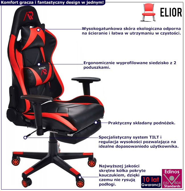 Infografika fotela gamingowego z podnóżkiem do komputera Husar czarno-czerwony