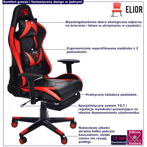 infografika czarno czerwonego fotela gamingowego ze składanym podnóżkiem Husar
