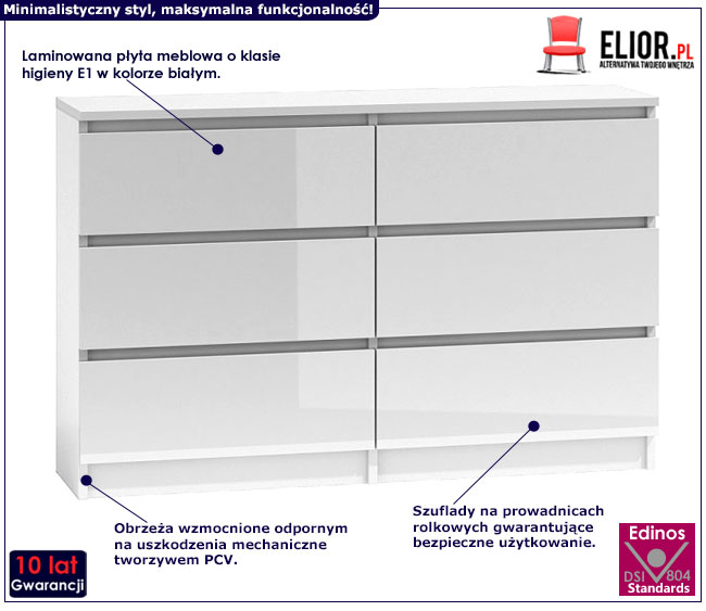 Lakierowana biała komoda z 6 szufladami Marea 3X