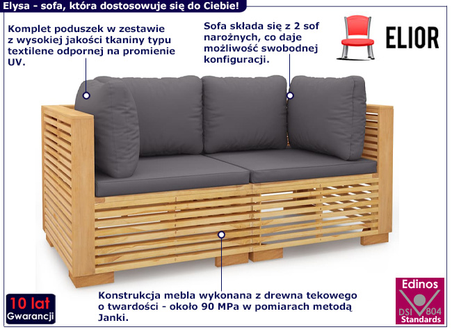 Drewniana sofa ogrodowa z szarymi poduszkami Elira