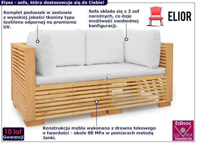 Drewniana sofa ogrodowa z kremowymi poduszkami Elira
