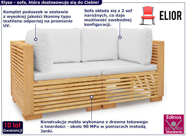 Drewniana sofa ogrodowa z kremowymi poduszkami Aurelo