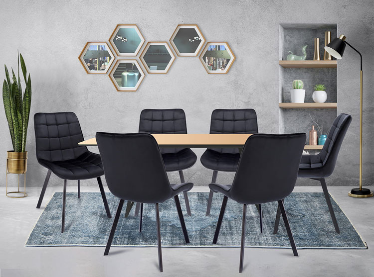 Nowoczesna jadalnia z czarnym eleganckim krzesłem tapicerowanym Igna