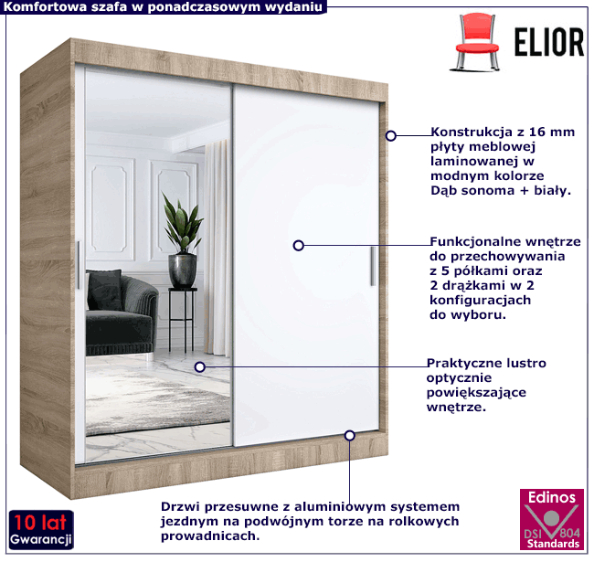 Szafa przesuwna z lustrem dąb sonoma + biały Seko 5X