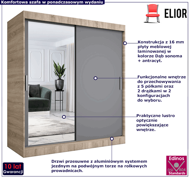 Szafa przesuwna z lustrem dąb sonoma + antracyt Seko 5X