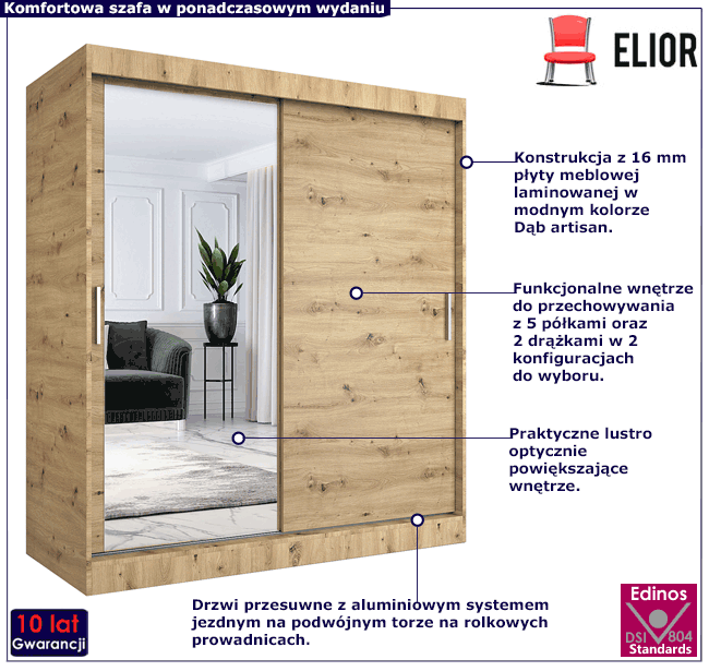 Szafa przesuwna z lustrem dąb artisan Seko 5X